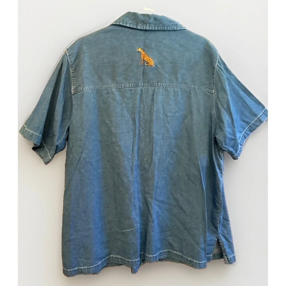 Cabin Creek Cheetah embroidered short sleeve chambray shirt with panel Whimsy